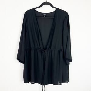 Torrid Top Sheer Black Deep V Drawstring Wide 3/4 Length Sleeve 4X